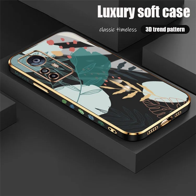 RZANTS For Xiaomi 12T 5G / 12T Pro 5G / Redmi K50 Ultra 5G TPU Phone Case Green Leaves Pattern Electroplated Design Back Cover - Black