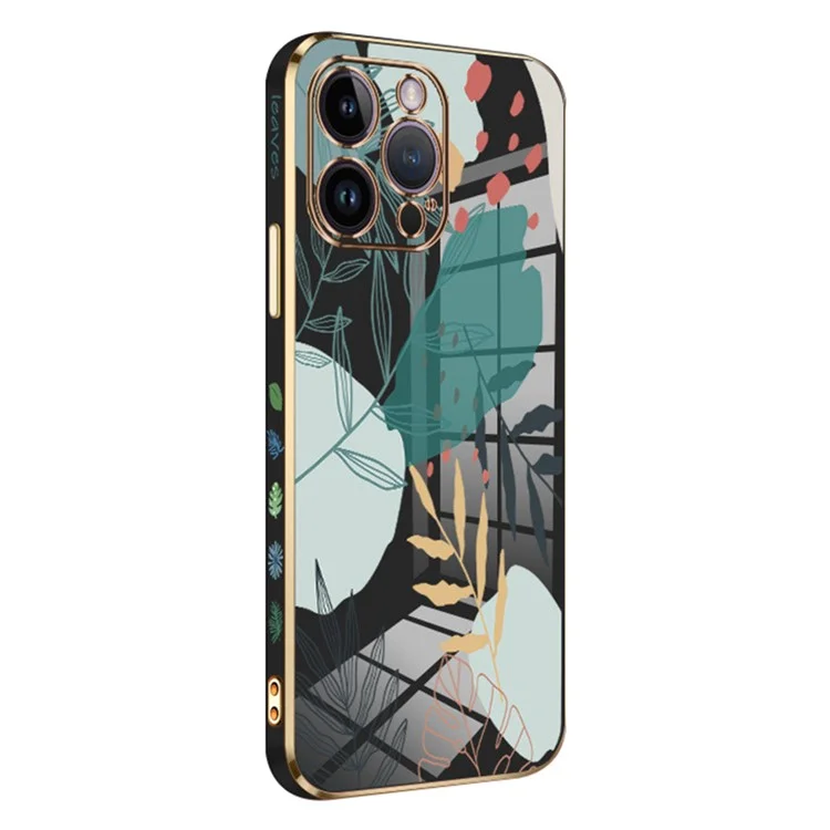 RZANTS For iPhone 12 Pro 6.1 inch Green Leaves Pattern Phone Case Electroplated Edge Soft TPU Cover - Black