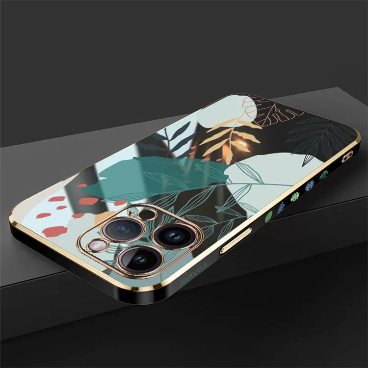 RZANTS For iPhone 12 Pro 6.1 inch Green Leaves Pattern Phone Case Electroplated Edge Soft TPU Cover - Black