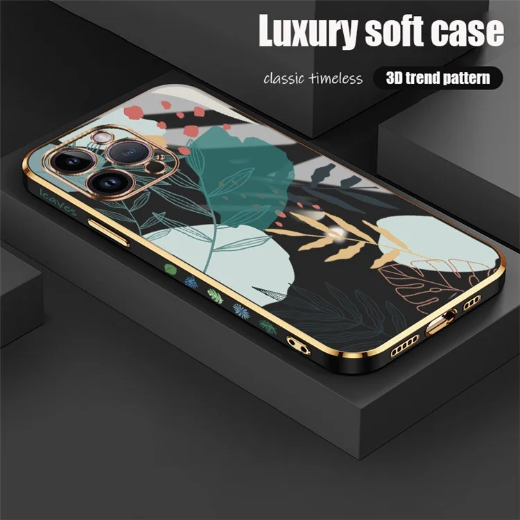 RZANTS For iPhone 12 Pro 6.1 inch Green Leaves Pattern Phone Case Electroplated Edge Soft TPU Cover - Black