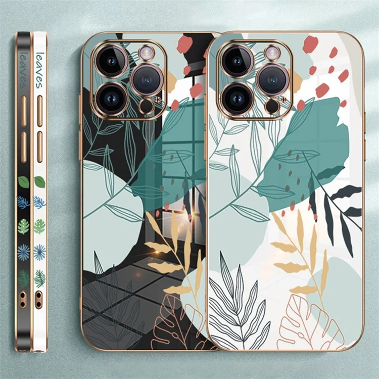 RZANTS For iPhone 12 Pro 6.1 inch Green Leaves Pattern Phone Case Electroplated Edge Soft TPU Cover - Black