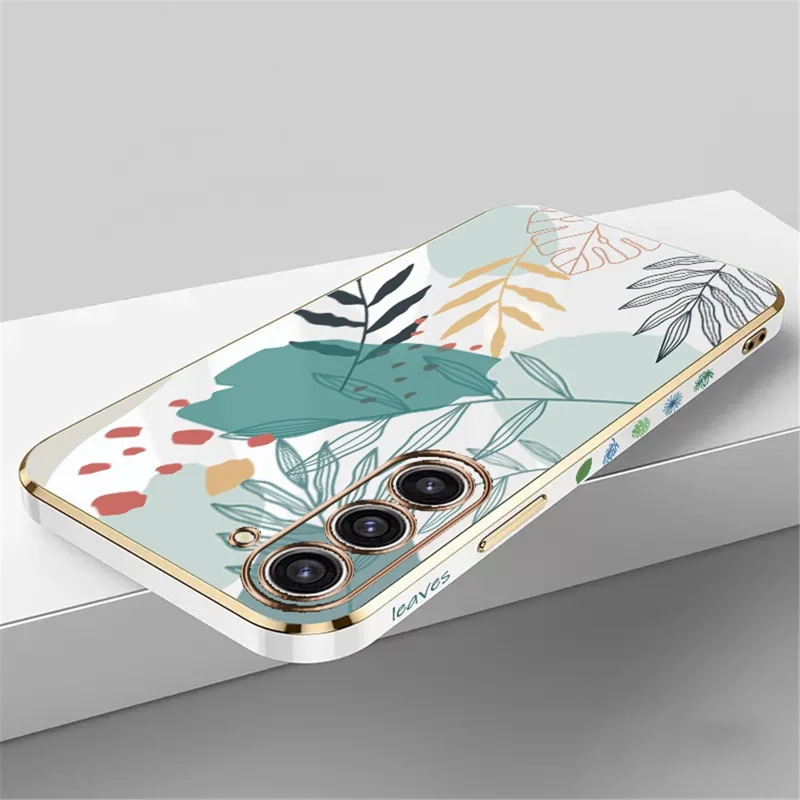 RZANTS For Samsung Galaxy S22 5G Soft TPU Phone Case Green Leaves Pattern Electroplating Protective Cover - White