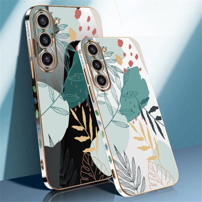 RZANTS For Samsung Galaxy S22 5G Soft TPU Phone Case Green Leaves Pattern Electroplating Protective Cover - White