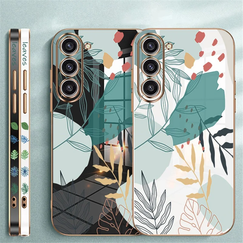 RZANTS For Samsung Galaxy S21+ 5G Green Leaves Pattern Electroplating Cover Flexible TPU Phone Case - Black