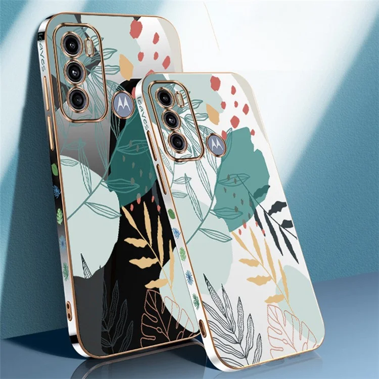 RZANTS For Motorola Moto G60 Electroplating TPU Phone Case Green Leaves Pattern Cover - White