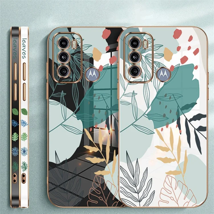 RZANTS For Motorola Moto G60 Electroplating TPU Phone Case Green Leaves Pattern Cover - White