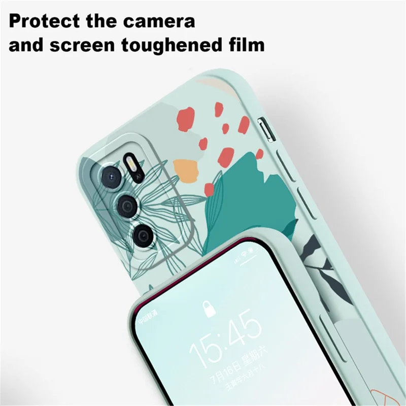 Rzants For Oppo A16 / A16s / A54s TPU Chase Case Case Green Leaves Pattern Print Print Design Без Скольжения - Голубое Небо