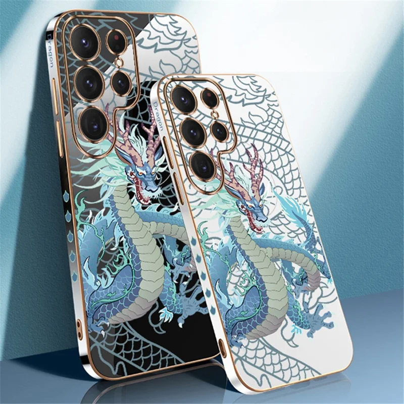 RZANTS For Samsung Galaxy S22 Ultra 5G Electroplated Design Soft TPU Phone Case Chinese Dragon Pattern Printed Cover - White