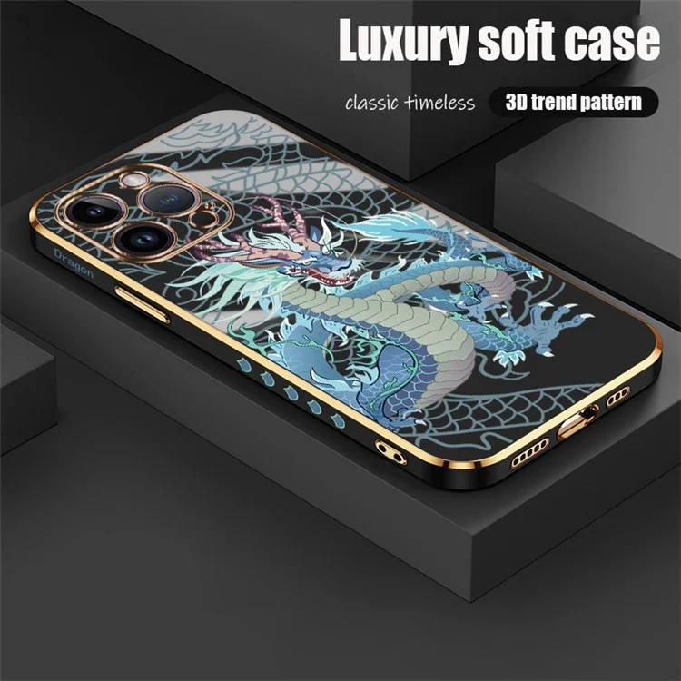 RZANTS For iPhone 14 Pro Max Soft TPU Electroplated Design Phone Case Chinese Dragon Pattern Shockproof Cover - Black