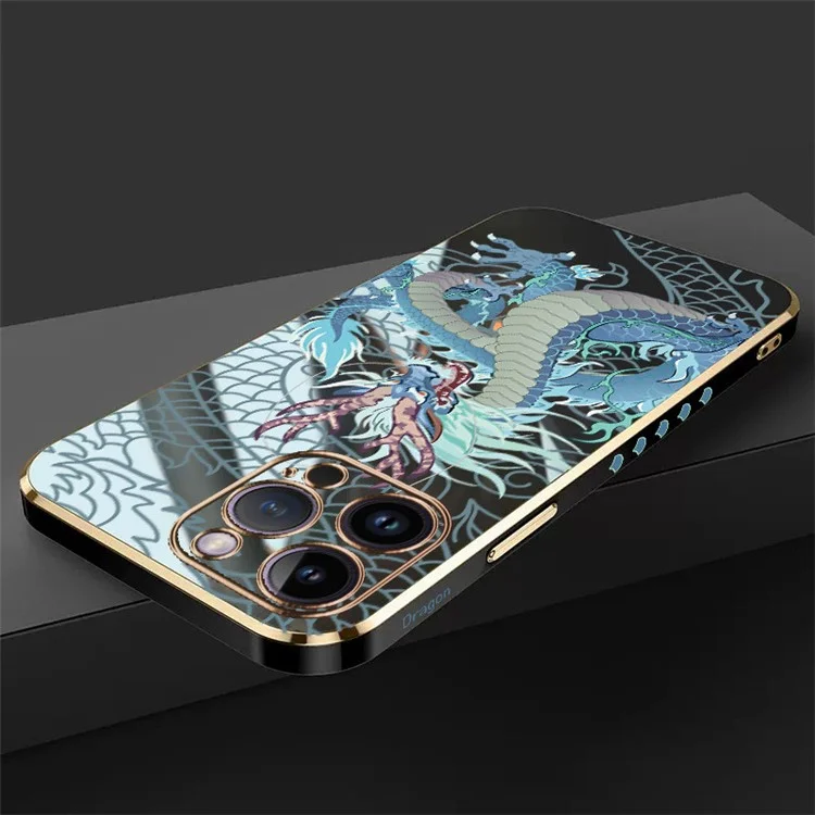 RZANTS For iPhone 13 Pro Max 6.7 inch Gold Electroplating TPU Phone Case Chinese Dragon Pattern Printed Cover - Black
