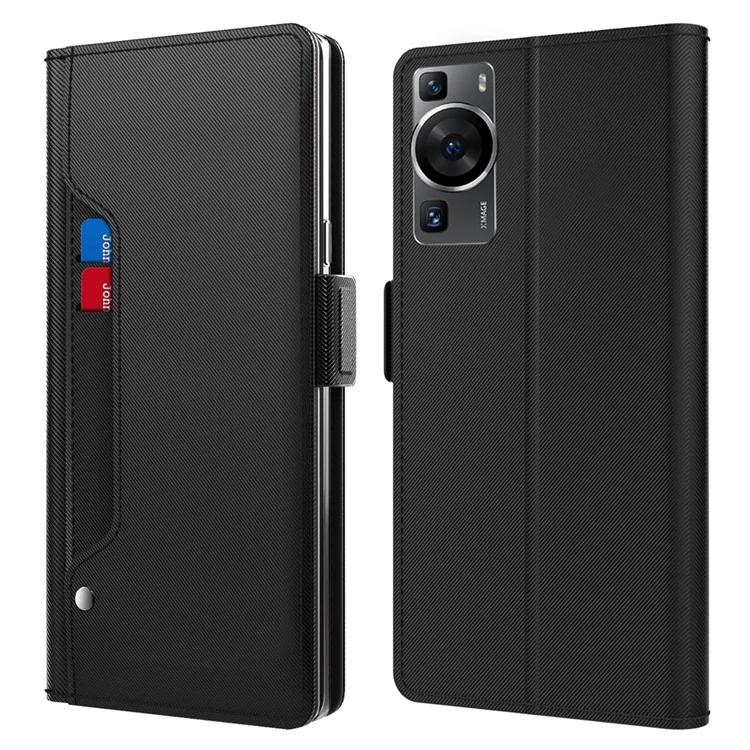 Für Huawei P60 Handyhülle mit Spiegel-Kartenfach PU-Leder-Ständer Handyhülle - Schwarz