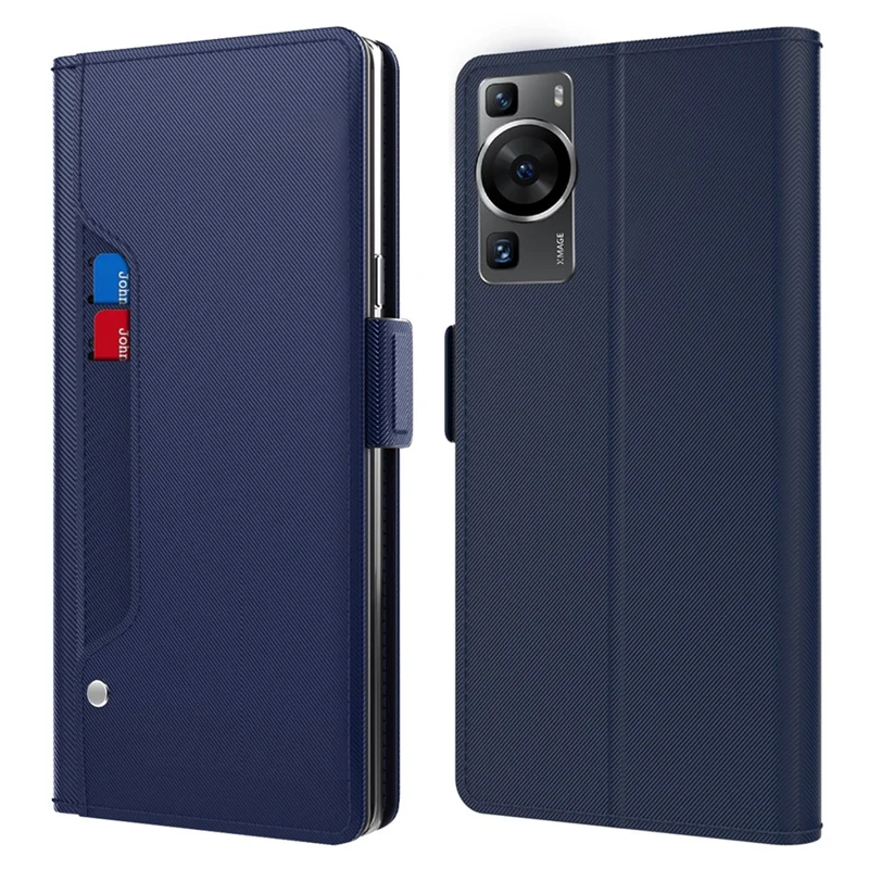 For Huawei P60 Phone Case with Mirror Card Holder PU Leather Stand Phone Cover - Blue