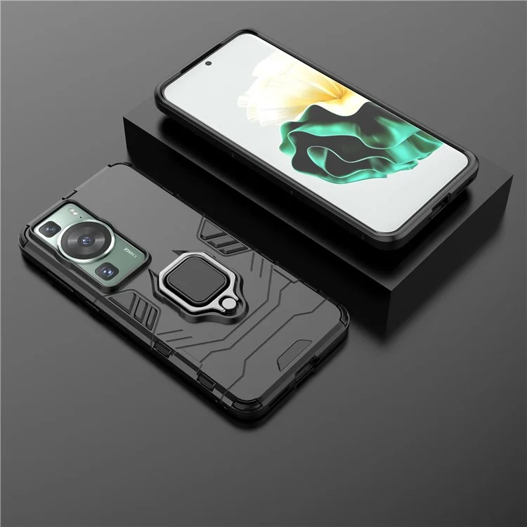 Coque pour téléphone Huawei P60/P60 Pro en TPU+PC antichoc avec support anneau et support - Noir