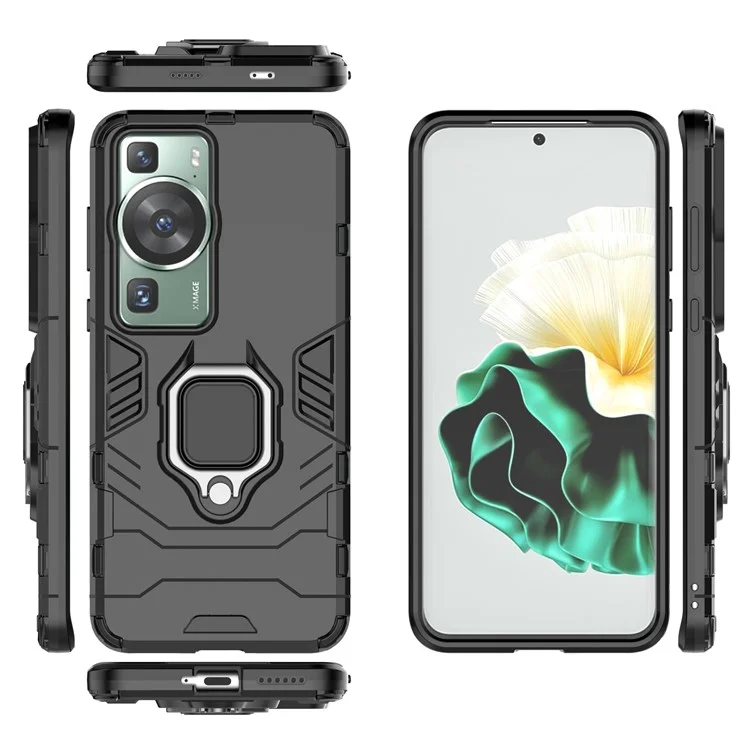 Coque pour téléphone Huawei P60/P60 Pro en TPU+PC antichoc avec support anneau et support - Noir