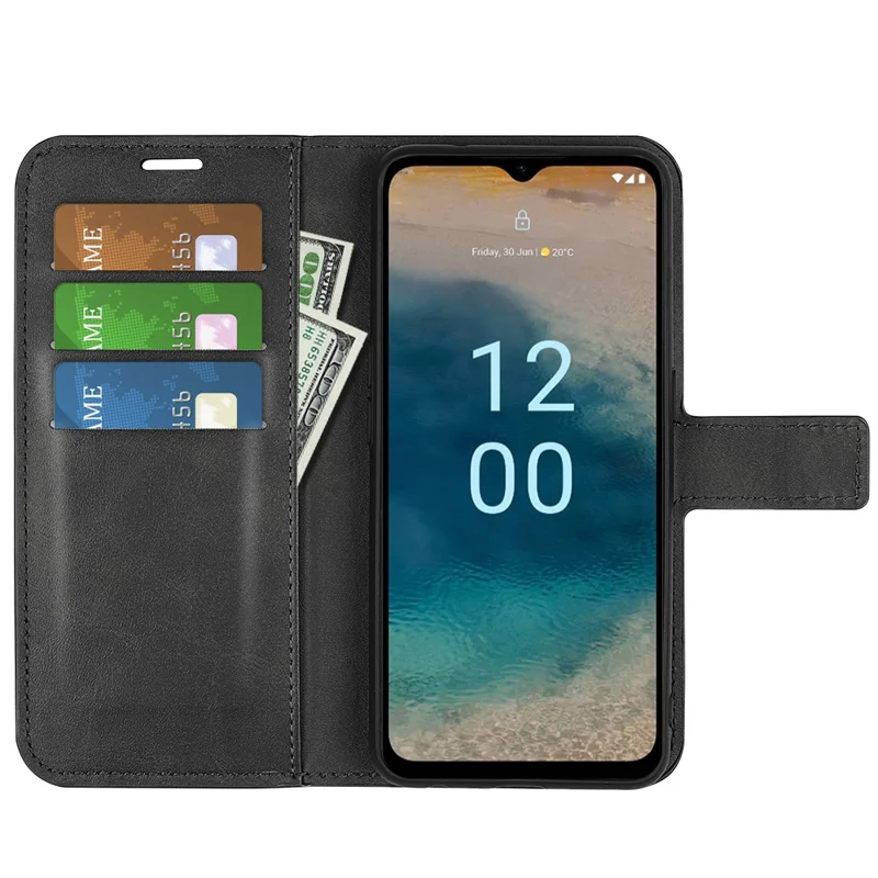 Кожаный кошелек-чехол для телефона Nokia G22 4G, квадратный, с магнитной застежкой, с фактурой телячьей кожи, чехол-подставка - черный