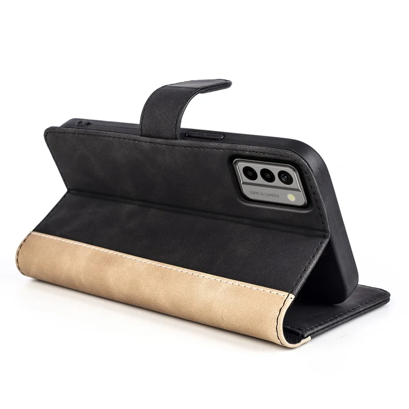 For Nokia G22 4G Leather Wallet Stand Case Dual Color Splicing Cell Phone Anti-drop Cover - Black