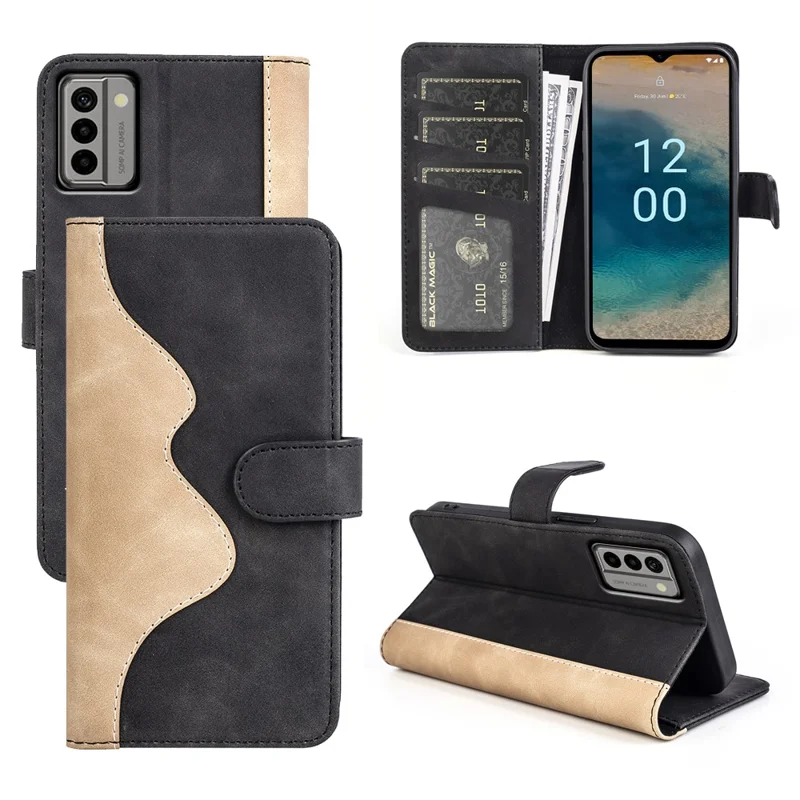 For Nokia G22 4G Leather Wallet Stand Case Dual Color Splicing Cell Phone Anti-drop Cover - Black
