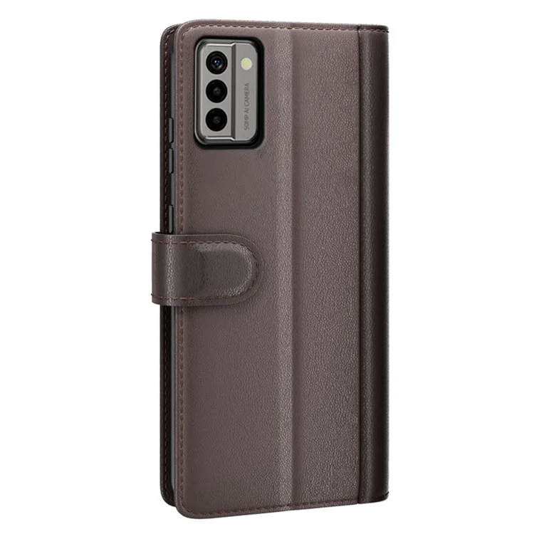 Для Nokia G22 4G Genuine Cow Leather Wallet Phone Case Folding Stand Protective Cover - Brown