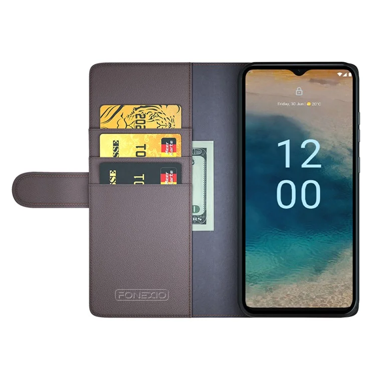 Для Nokia G22 4G Genuine Cow Leather Wallet Phone Case Folding Stand Protective Cover - Brown