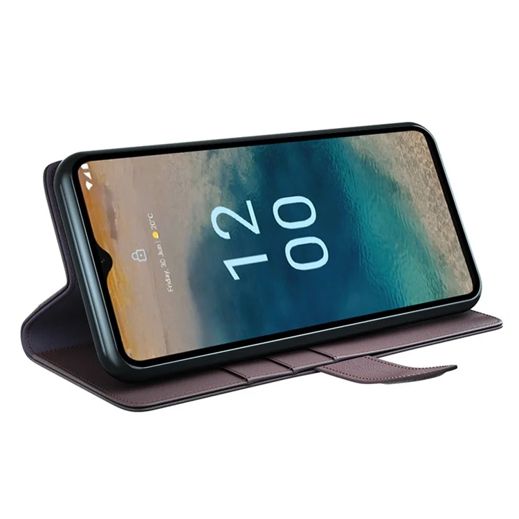 Для Nokia G22 4G Genuine Cow Leather Wallet Phone Case Folding Stand Protective Cover - Brown