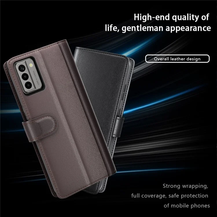 Для Nokia G22 4G Genuine Cow Leather Wallet Phone Case Folding Stand Protective Cover - Brown