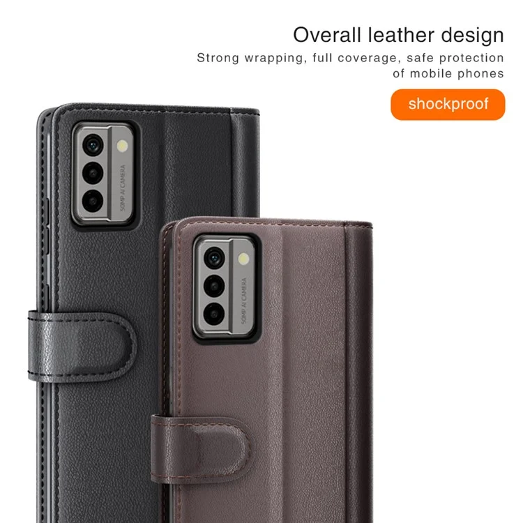 Для Nokia G22 4G Genuine Cow Leather Wallet Phone Case Folding Stand Protective Cover - Brown
