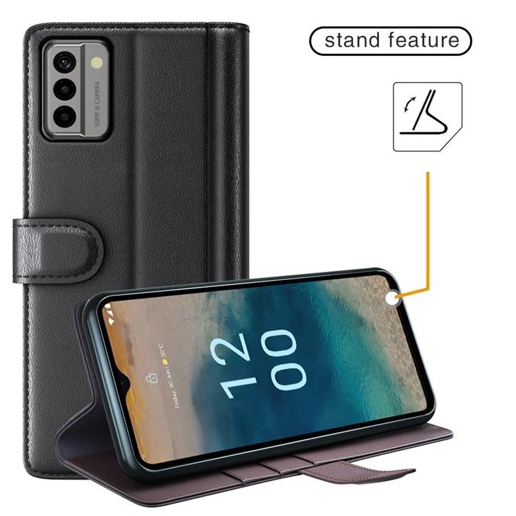 Для Nokia G22 4G Genuine Cow Leather Wallet Phone Case Folding Stand Protective Cover - Brown