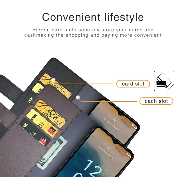 Для Nokia G22 4G Genuine Cow Leather Wallet Phone Case Folding Stand Protective Cover - Brown