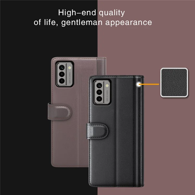 Для Nokia G22 4G Genuine Cow Leather Wallet Phone Case Folding Stand Protective Cover - Brown