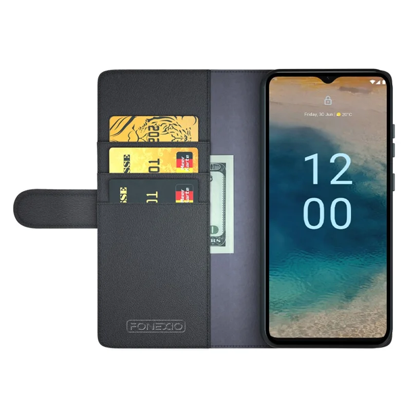 Для Nokia G22 4G Genuine Cow Leather Wallet Phone Case Folding Stand Protective Cover - Black
