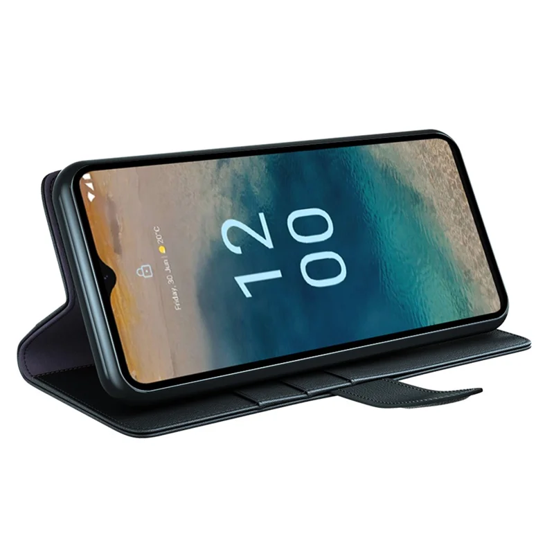 Для Nokia G22 4G Genuine Cow Leather Wallet Phone Case Folding Stand Protective Cover - Black