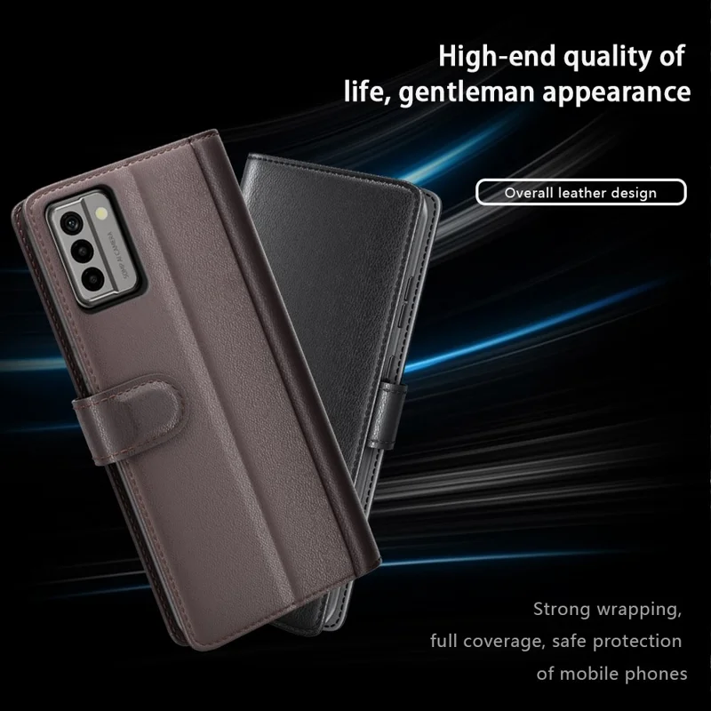 Для Nokia G22 4G Genuine Cow Leather Wallet Phone Case Folding Stand Protective Cover - Black