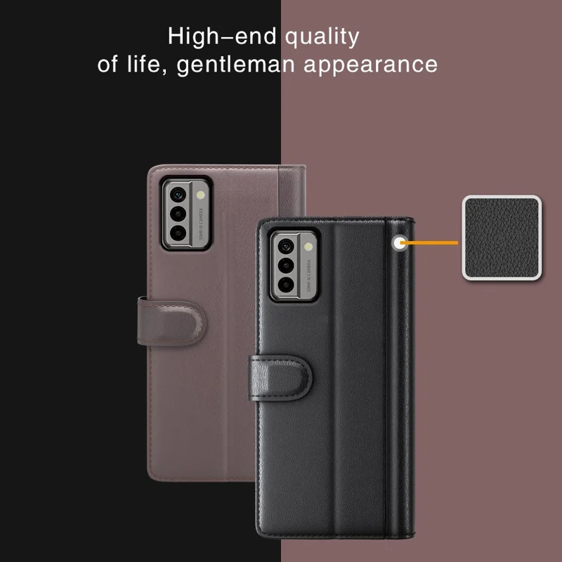 Для Nokia G22 4G Genuine Cow Leather Wallet Phone Case Folding Stand Protective Cover - Black