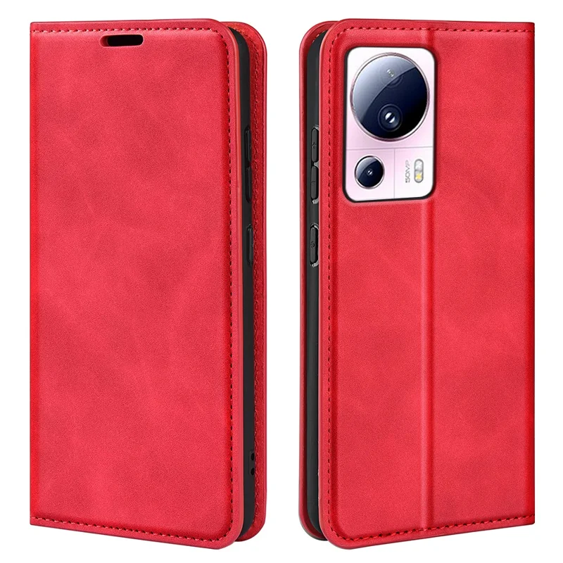 For Xiaomi 13 Lite / Civi 2 5G Skin-touch Leather Wallet Phone Case Flip Stand Protective Cover - Red