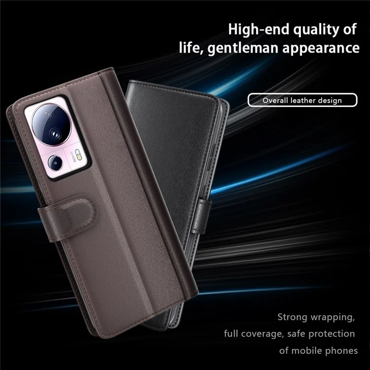 Для Xiaomi 13 Lite / Civi 2 5G Flip Stand Dorp-proof Cover Genuine Cow Leather Wallet Phone Case - Коричневый