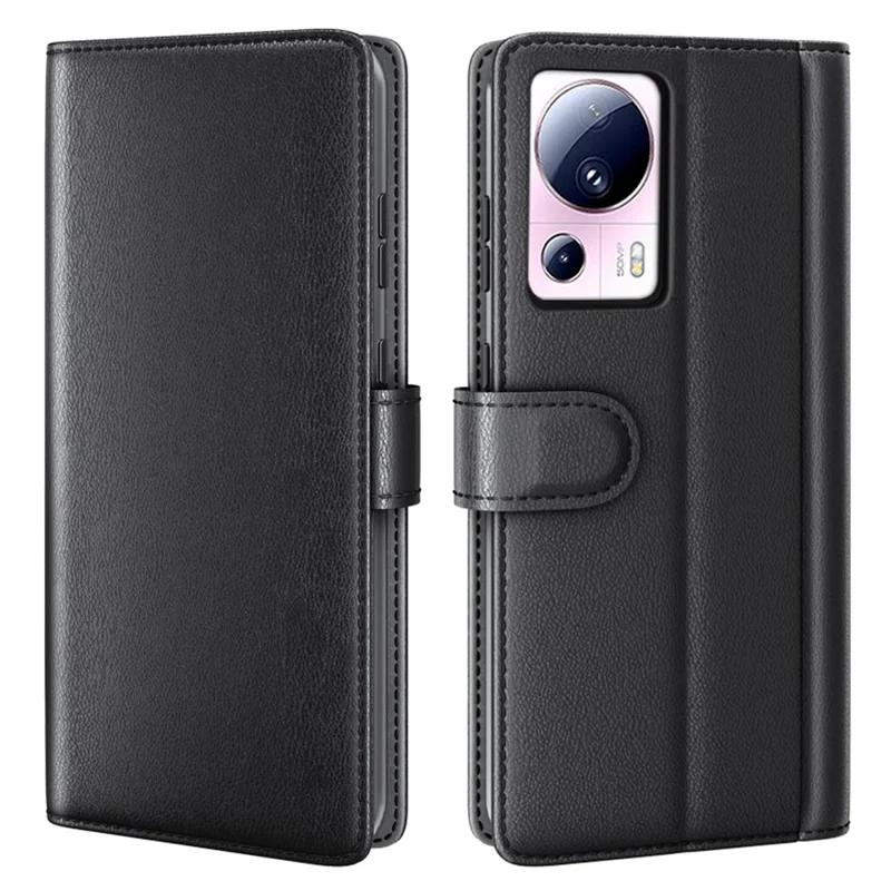 For Xiaomi 13 Lite / Civi 2 5G Flip Stand Dorp-proof Cover Genuine Cow Leather Wallet Phone Case - Black