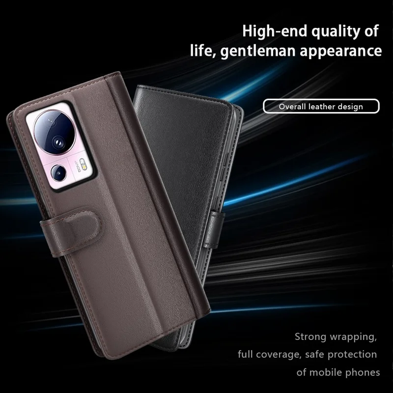 For Xiaomi 13 Lite / Civi 2 5G Flip Stand Dorp-proof Cover Genuine Cow Leather Wallet Phone Case - Black