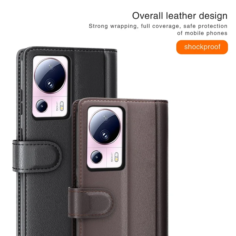 For Xiaomi 13 Lite / Civi 2 5G Flip Stand Dorp-proof Cover Genuine Cow Leather Wallet Phone Case - Black