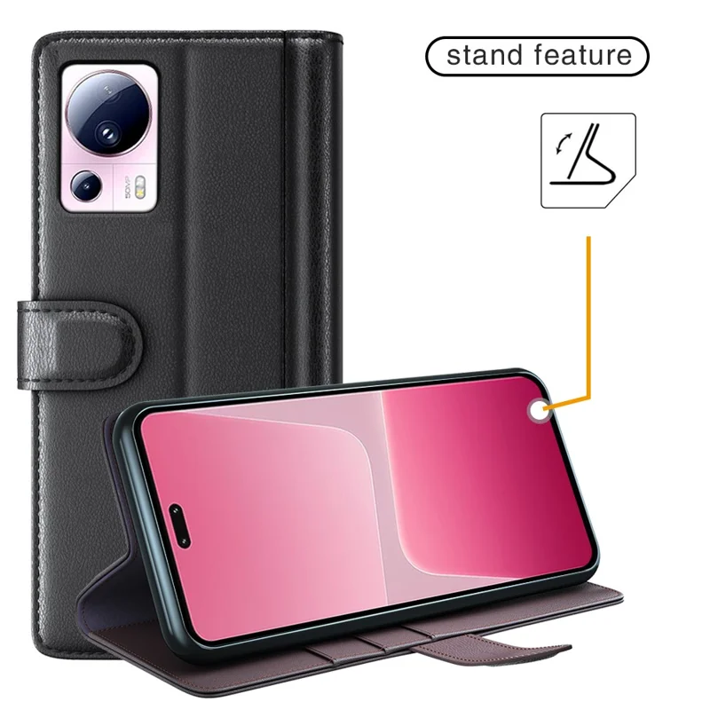 For Xiaomi 13 Lite / Civi 2 5G Flip Stand Dorp-proof Cover Genuine Cow Leather Wallet Phone Case - Black