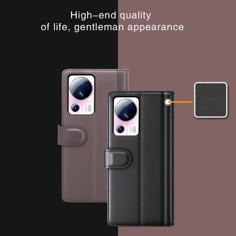 For Xiaomi 13 Lite / Civi 2 5G Flip Stand Dorp-proof Cover Genuine Cow Leather Wallet Phone Case - Black