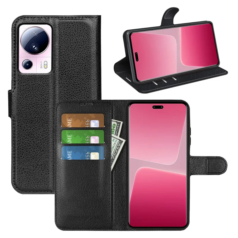 PU Leder-Schale für Xiaomi 13 Lite / Civi 2 5G Litchi-Struktur Handyhülle Geldbörse Ständer Klappcover - Schwarz