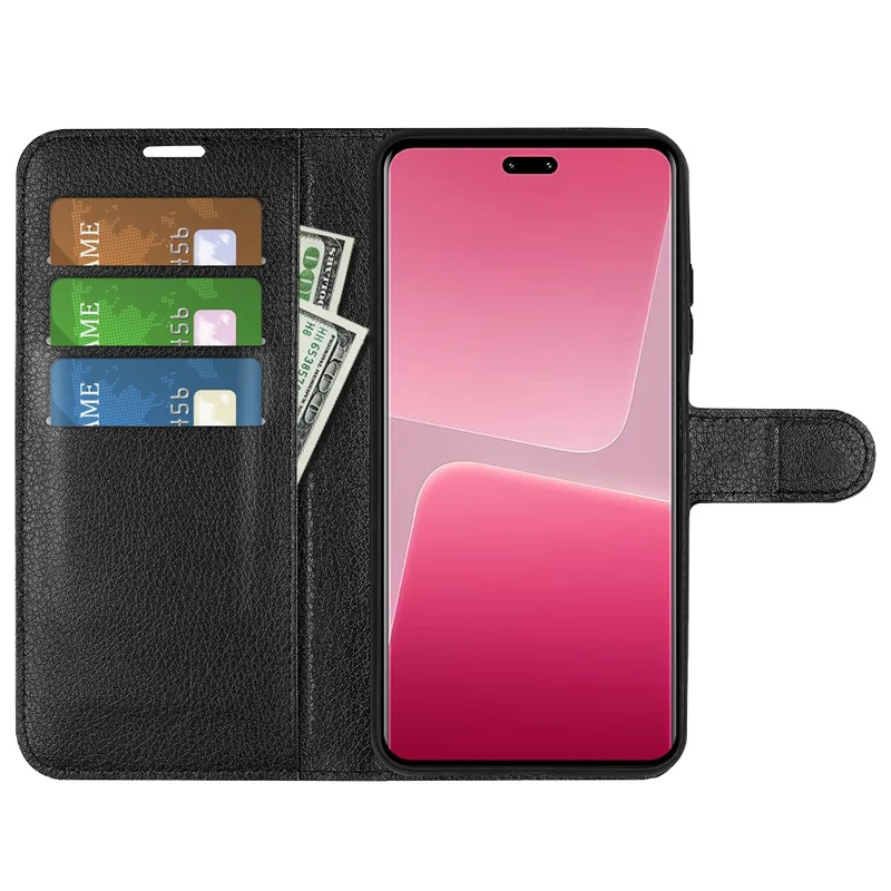 PU Leder-Schale für Xiaomi 13 Lite / Civi 2 5G Litchi-Struktur Handyhülle Geldbörse Ständer Klappcover - Schwarz