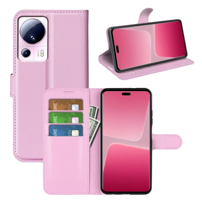 PU Leather Shell for Xiaomi 13 Lite / Civi 2 5G Litchi Texture Phone Case Wallet Stand Flip Cover - Pink