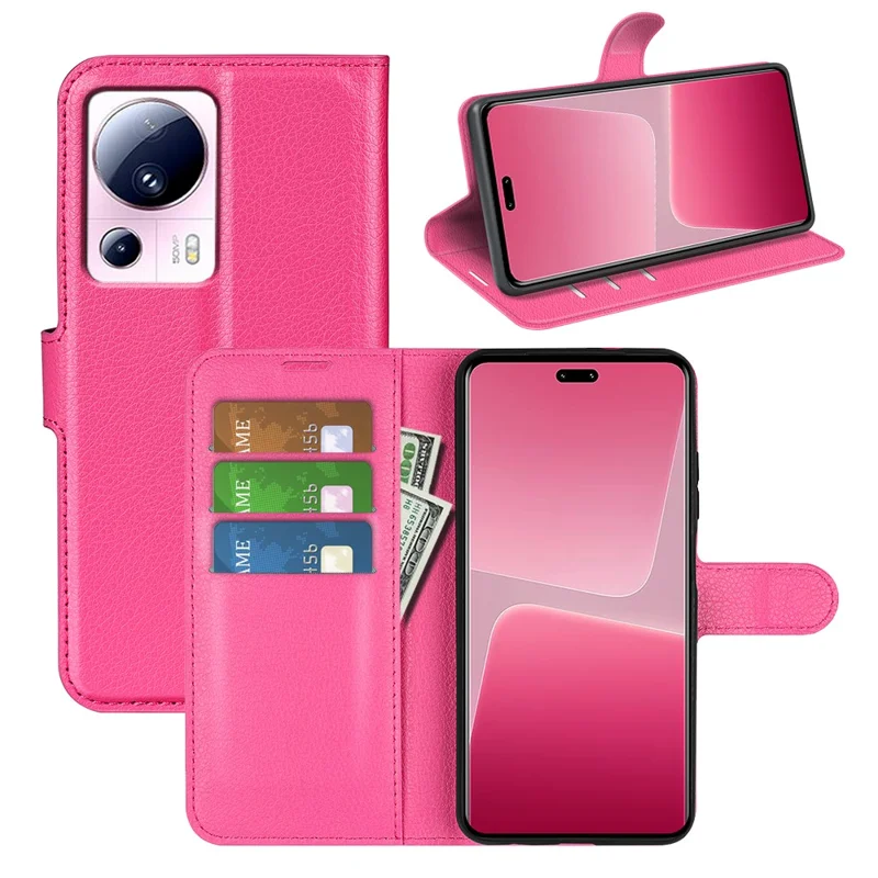 PU Leather Shell for Xiaomi 13 Lite / Civi 2 5G Litchi Texture Phone Case Wallet Stand Flip Cover - Rose