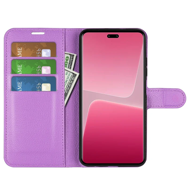 Funda de cuero sintético PU para Xiaomi 13 Lite / Civi 2 5G, con textura de piel de Litchi, funda de cartera con soporte para voltear - Púrpura