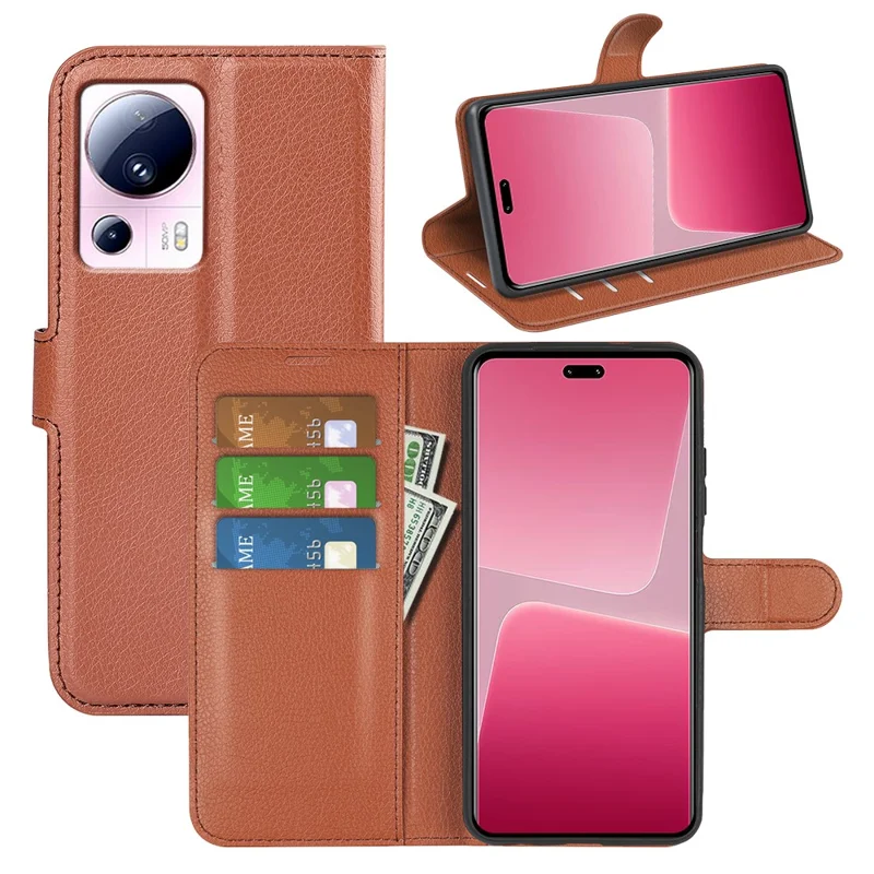 Capa de Couro PU para Xiaomi 13 Lite / Civi 2 5G Textura de Lichia Capa de Carteira de Celular Flip Stand - Marrom