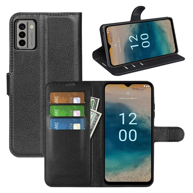 Coque en cuir PU pour Nokia G22 Texture antichoc Litchi Étui de téléphone portefeuille avec support Flip Cover - Noir