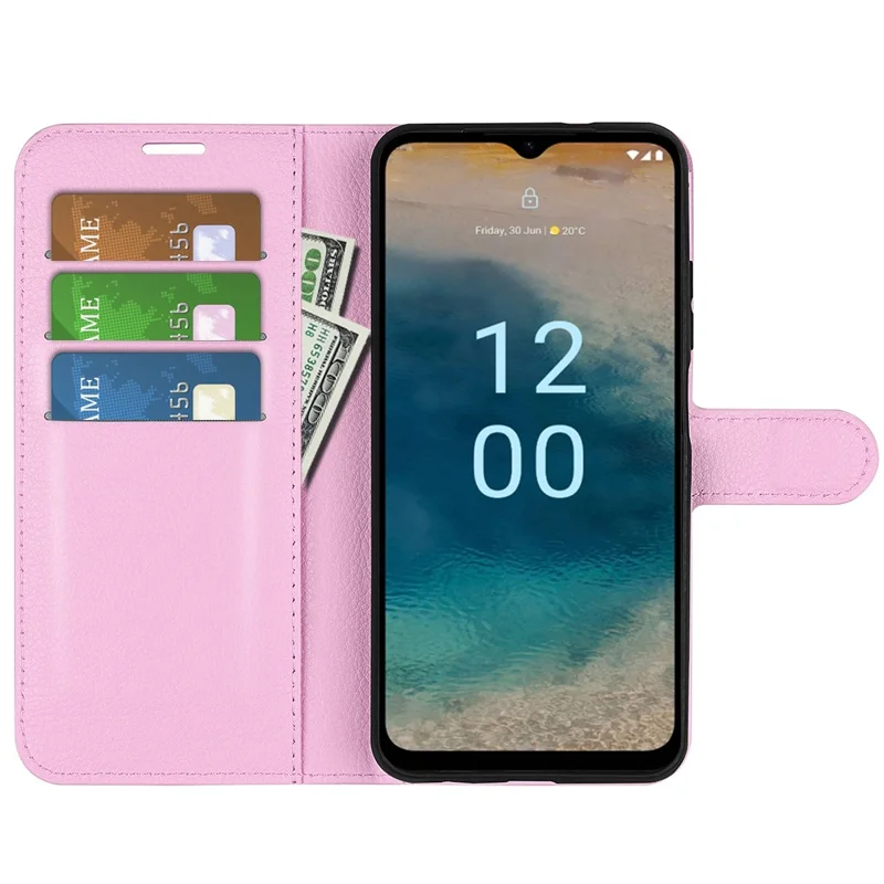 PU Leather Shell for Nokia G22 Anti-scratch Litchi Texture Phone Case Wallet Stand Flip Cover - Pink