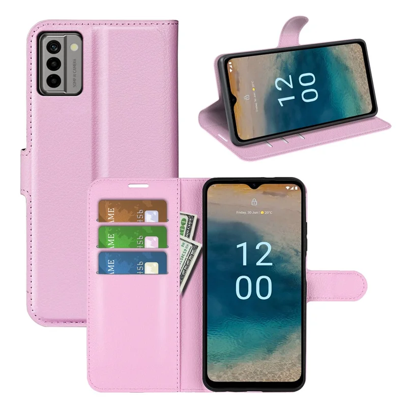 PU Leather Shell for Nokia G22 Anti-scratch Litchi Texture Phone Case Wallet Stand Flip Cover - Pink