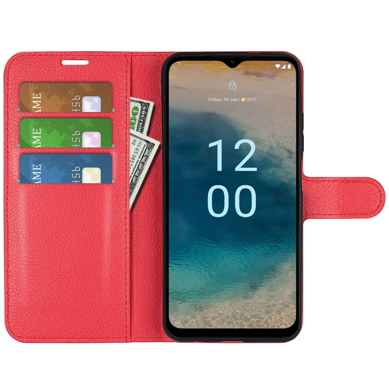 PU Leather Shell for Nokia G22 Anti-scratch Litchi Texture Phone Case Wallet Stand Flip Cover - Red